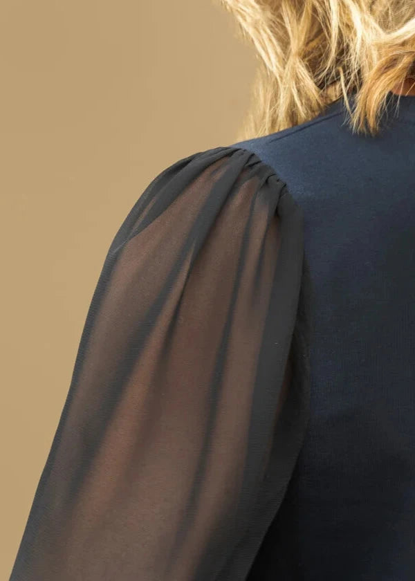 DAPHNE sheer sleeve top, navy