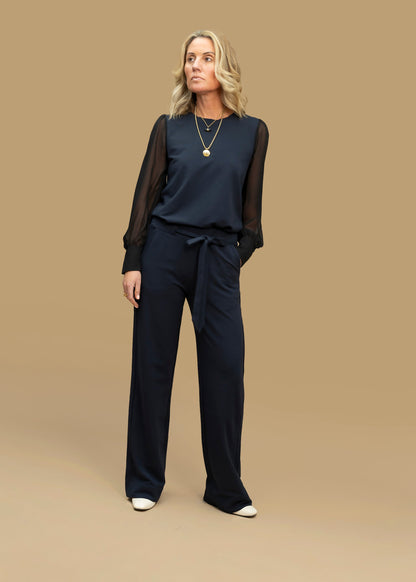 DAPHNE sheer sleeve top, navy (SALE)