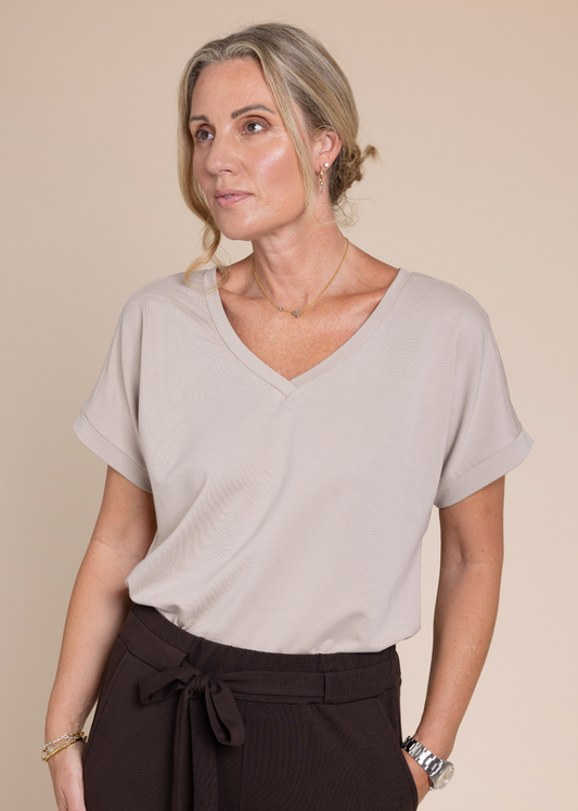 ATHENA v-neck, short sleeve top, taupe