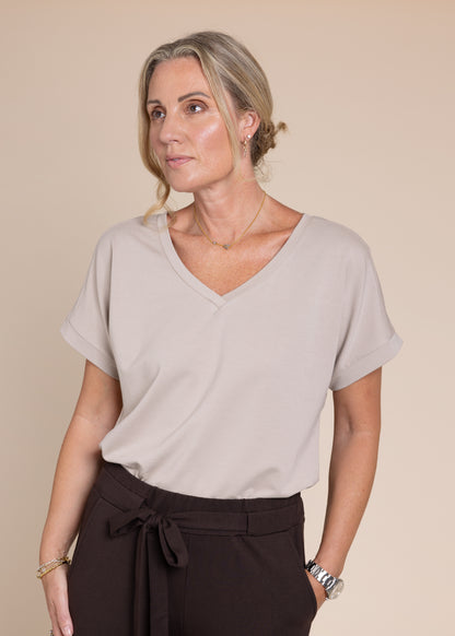 ATHENA v-neck, short sleeve top, taupe