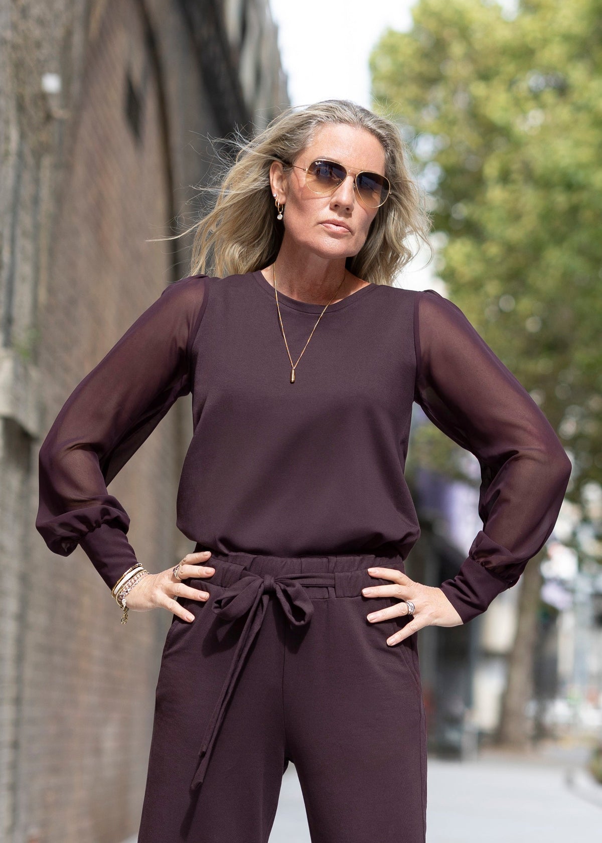 DAPHNE sheer sleeve top, burgundy