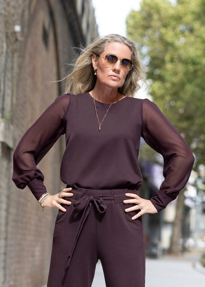 DAPHNE sheer sleeve top, burgundy