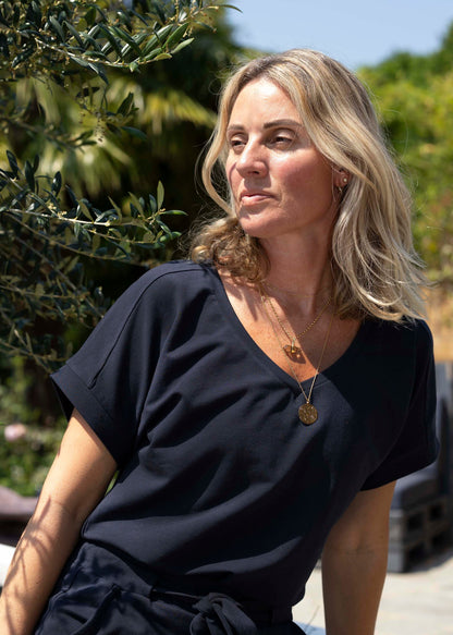 ATHENA v-neck, short sleeve top, navy (SALE)