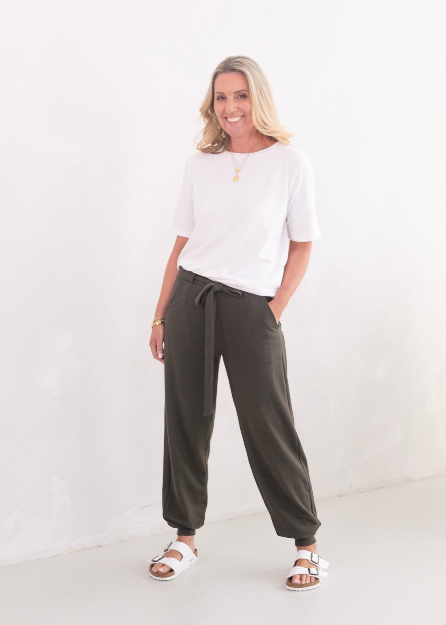 Perfect white tshirt top and olive cuffed soft trousers