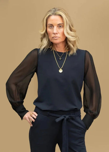 DAPHNE sheer sleeve top, navy (SALE)