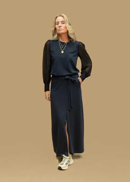 DAPHNE sheer sleeve top, navy (SALE)